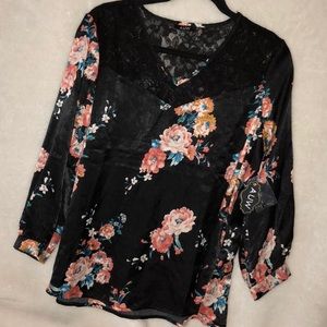 Beautiful black floral silk and lace blouse